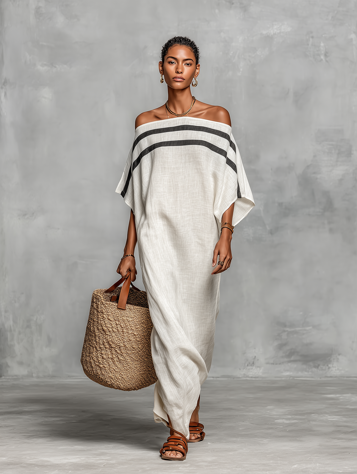 Mandy - minimalist Linen-Blend Off-Shoulder Batwing Maxi Dress