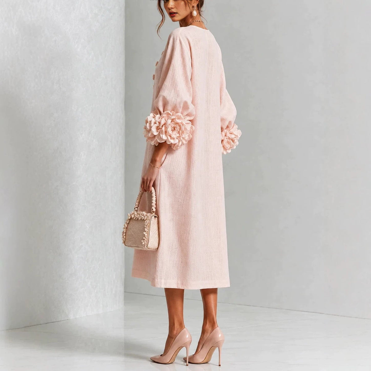 Ivy - Floral Midi Dress with Rose-Cuff Sleeves