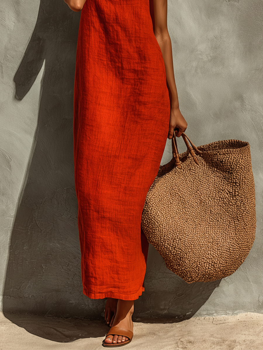 Nadine - Red Cotton Square Neck Spaghetti Strap Dress