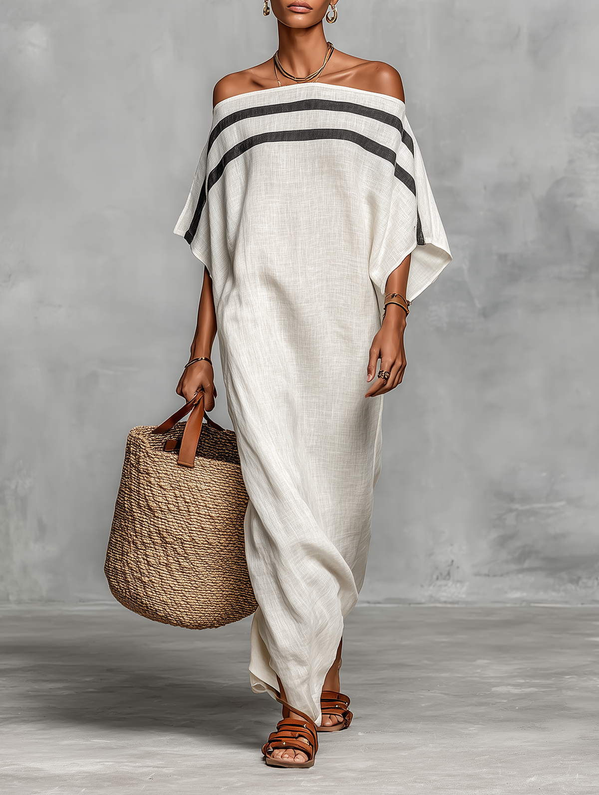 Mandy - minimalist Linen-Blend Off-Shoulder Batwing Maxi Dress