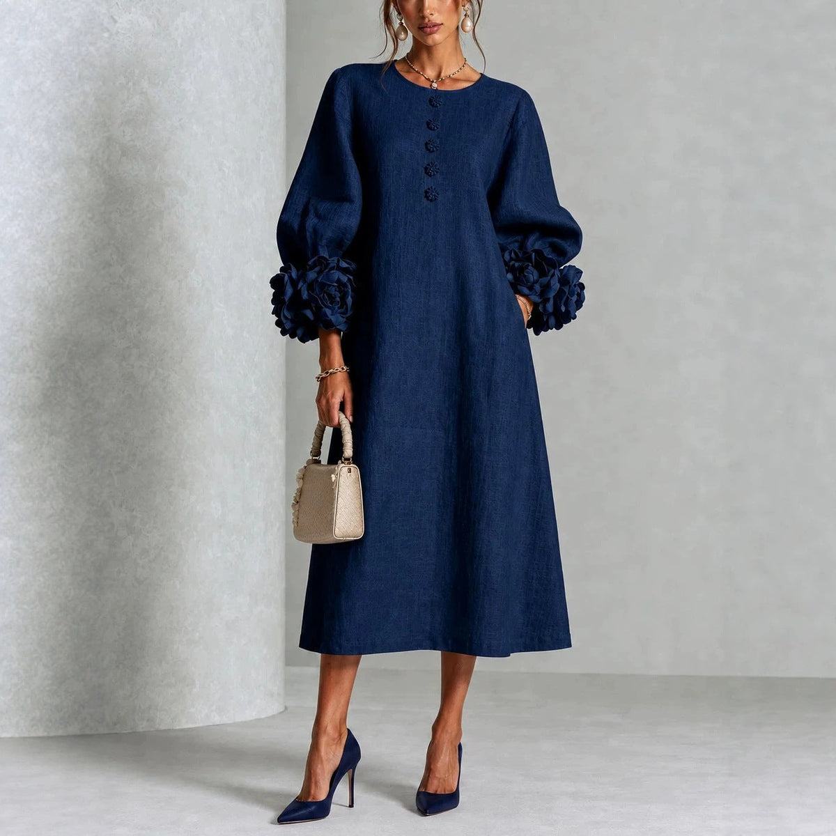 Ivy - Floral Midi Dress with Rose-Cuff Sleeves