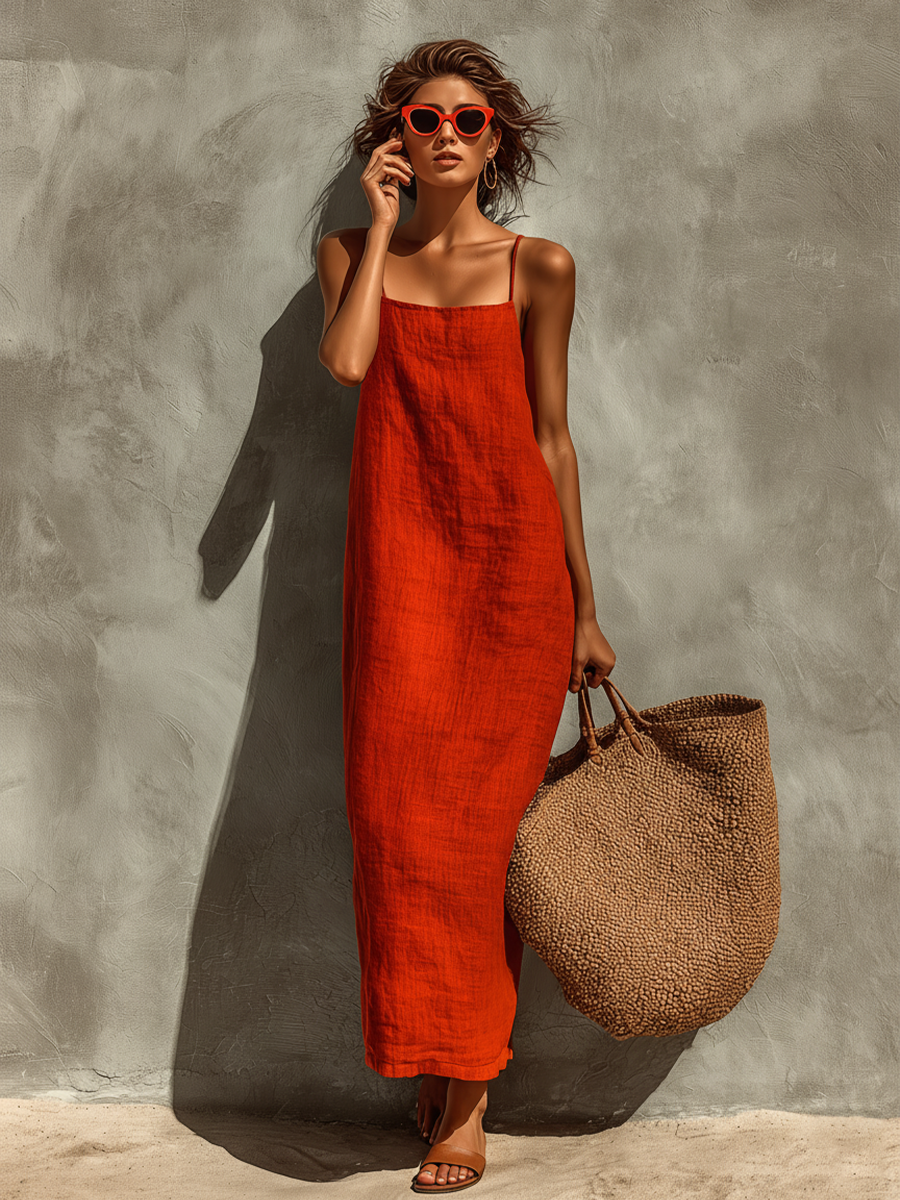 Nadine - Red Cotton Square Neck Spaghetti Strap Dress