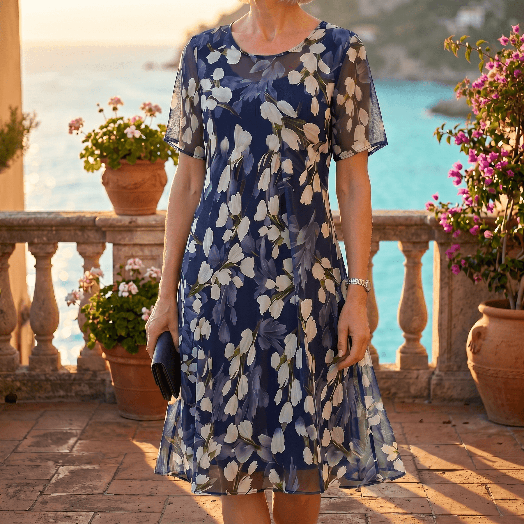 Florenza – Women's Elegant Navy Floral Midi Dress