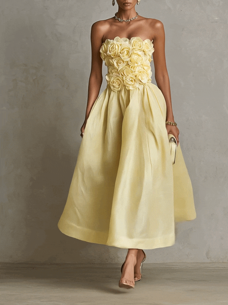 Yarra - Yellow 3D Flower Strapless Midi Dress