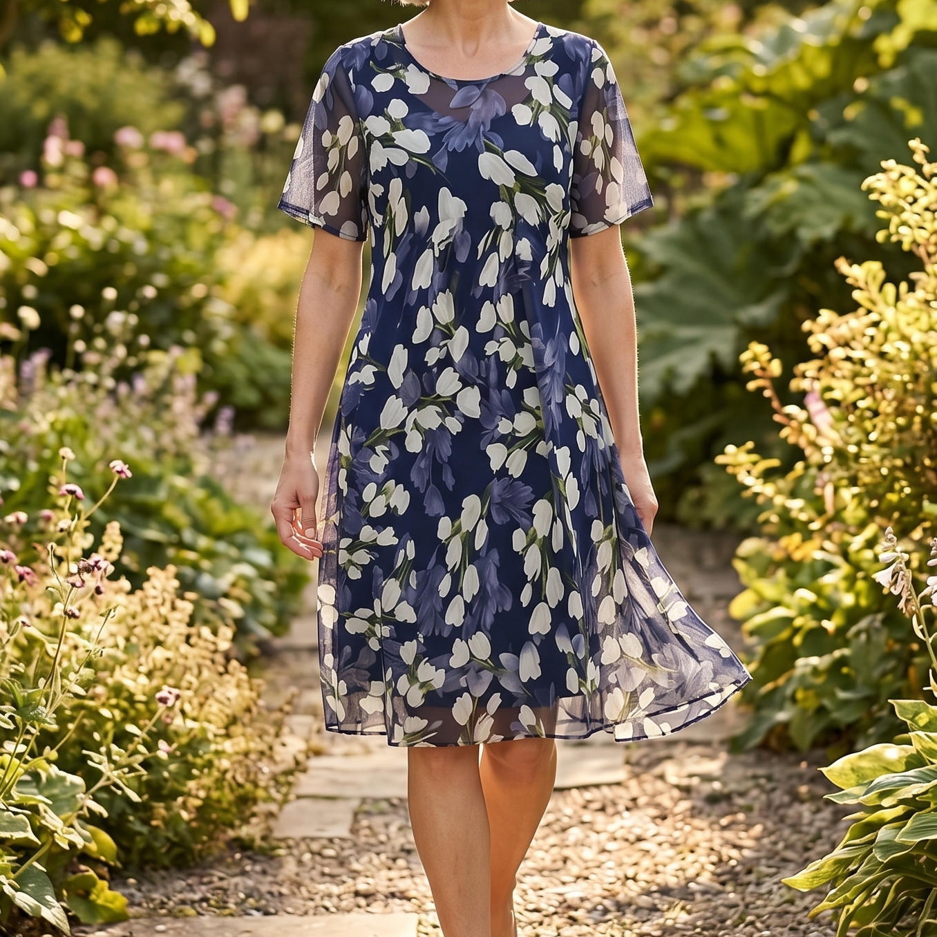 Florenza – Women's Elegant Navy Floral Midi Dress