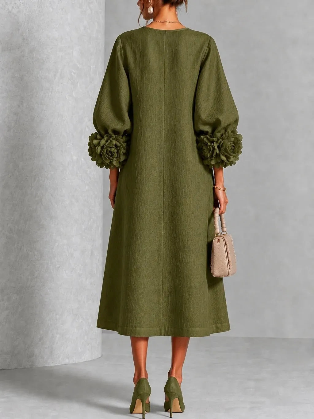 Ivy - Floral Midi Dress with Rose-Cuff Sleeves